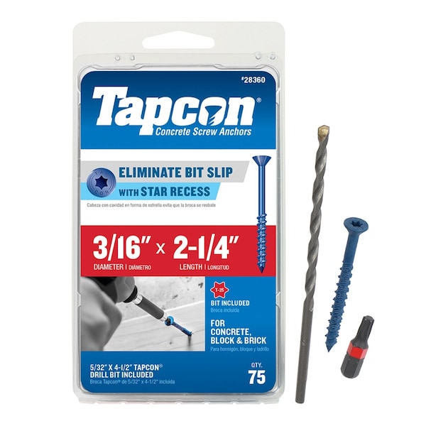 Tapcon Concrete Screw, 3/16" Dia., Climaseal Coated, Flat Head 75 PK 28360 - main
